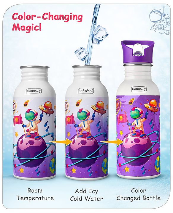 Babyhug Panda Theme Stainless Steel Color Changing Magic Bottle White|Leak Resistant|BPA Free|Rust Proof|600 ml