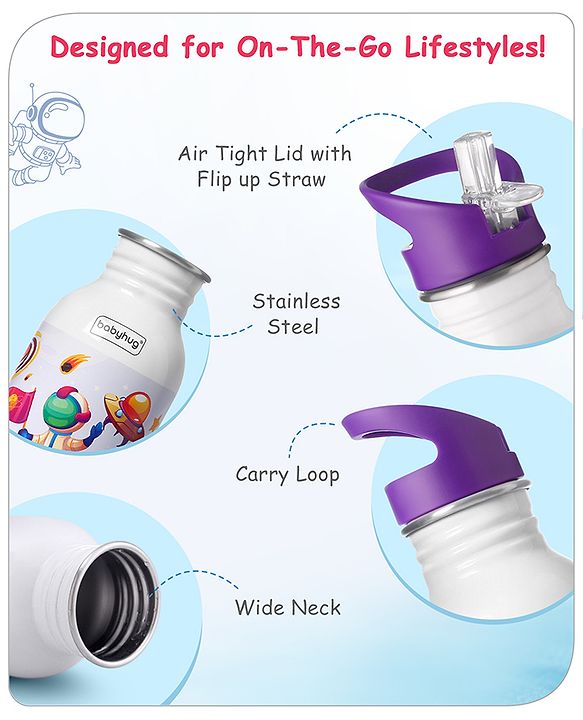 Babyhug Panda Theme Stainless Steel Color Changing Magic Bottle White|Leak Resistant|BPA Free|Rust Proof|600 ml
