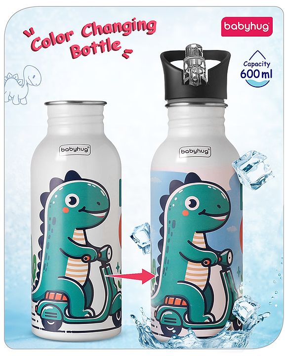 Babyhug Panda Theme Stainless Steel Color Changing Magic Bottle White|Leak Resistant|BPA Free|Rust Proof|600 ml