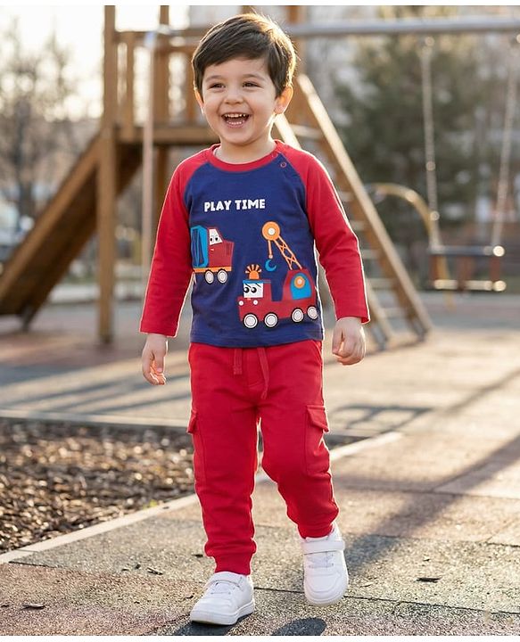 Babyhug Cotton Knit Raglan Sleeves T-Shirt & Lounge Pants Set With Vehicles Print - Red & Blue