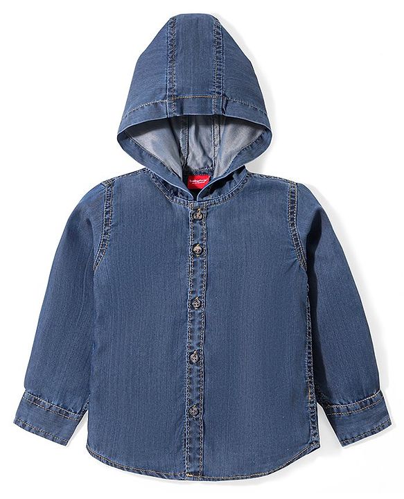 Babyhug Cotton Woven Full Sleeves Washed Hooded Denim Shirt - Blue
