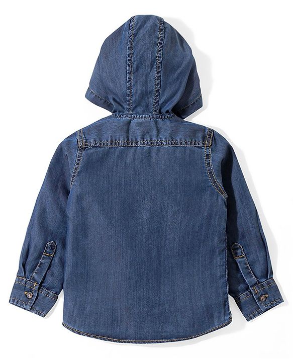 Babyhug Cotton Woven Full Sleeves Washed Hooded Denim Shirt - Blue