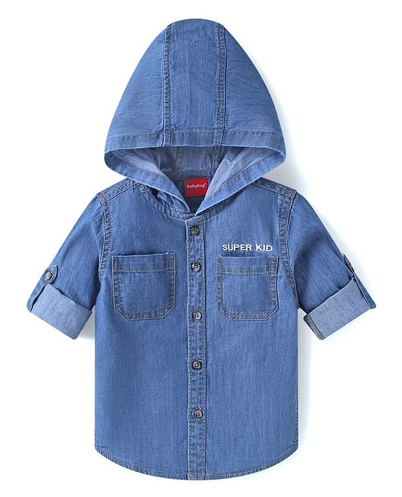 Babyhug Woven Full Sleeves Washed Hooded Denim Shirt - Blue