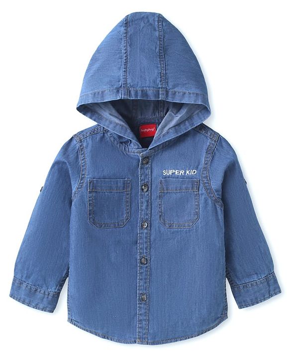 Babyhug Woven Full Sleeves Washed Hooded Denim Shirt - Blue