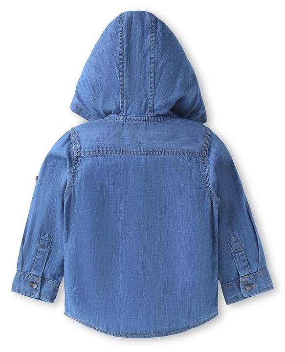 Babyhug Woven Full Sleeves Washed Hooded Denim Shirt - Blue