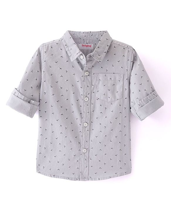 Babyhug Cotton Woven Full Sleeves Printed Shirt - Light Grey