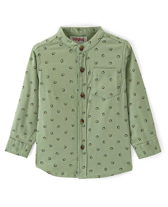 Babyhug Cotton Woven Full Sleeves Mandarin Collared Printed Shirt - Green