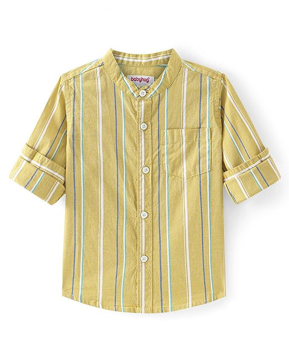 Babyhug Cotton Woven Full Sleeves Mandarin Collar Striped Kurta Shirt -Light Yellow