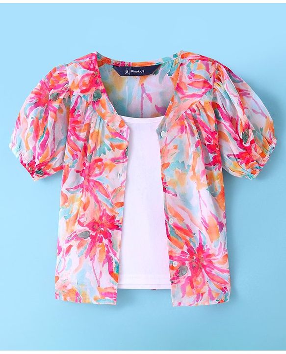 Pine Kids Woven Half Sleeves Floral Printed Top with Solid Colour Vest - White & Pink