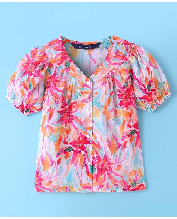 Pine Kids Woven Half Sleeves Floral Printed Top with Solid Colour Vest - White & Pink