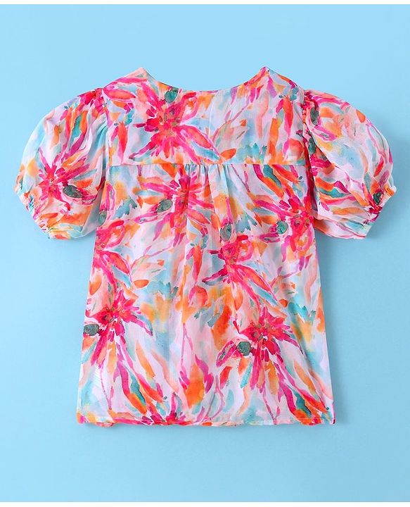 Pine Kids Woven Half Sleeves Floral Printed Top with Solid Colour Vest - White & Pink