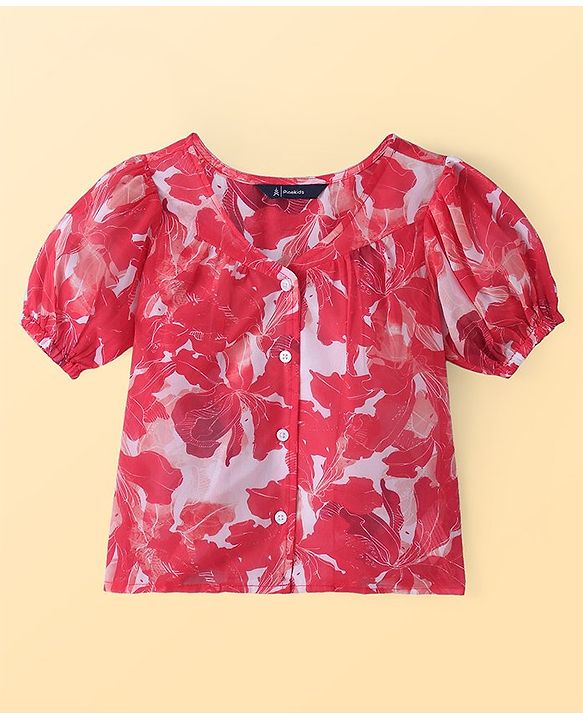 Pine Kids Woven Half Puffed Sleeves Floral Printed Top with Inner - Dark Pink & White