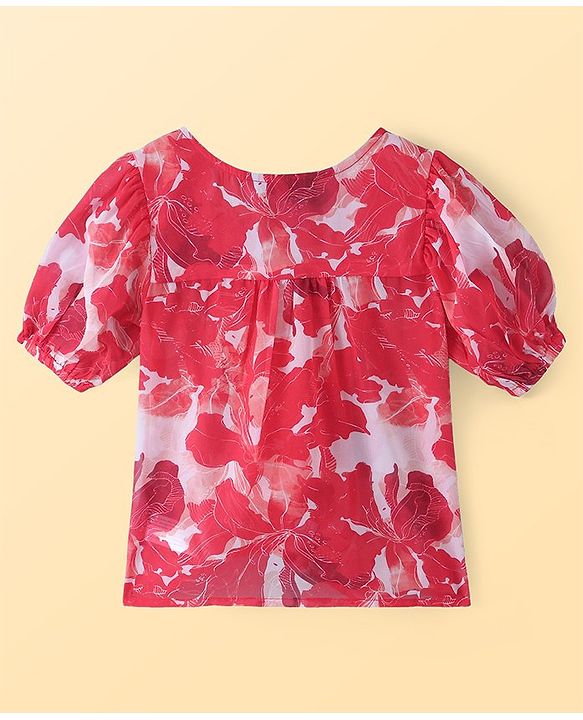 Pine Kids Woven Half Puffed Sleeves Floral Printed Top with Inner - Dark Pink & White