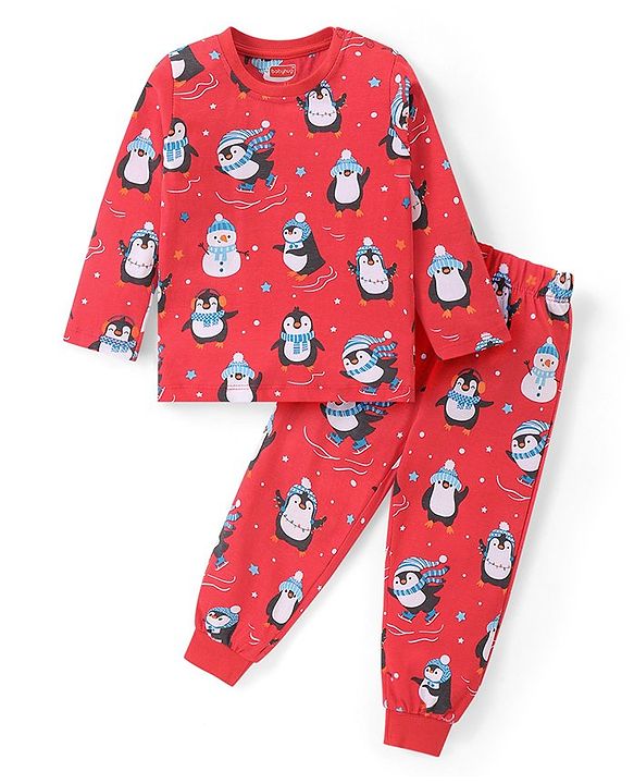 Babyhug Cotton Knit Full Sleeves Night Suit Penguin Print - Red