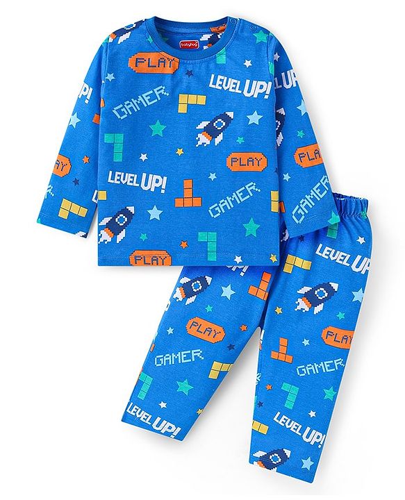 Babyhug Cotton Knit Full Sleeves Text Printed Night Suit - Blue
