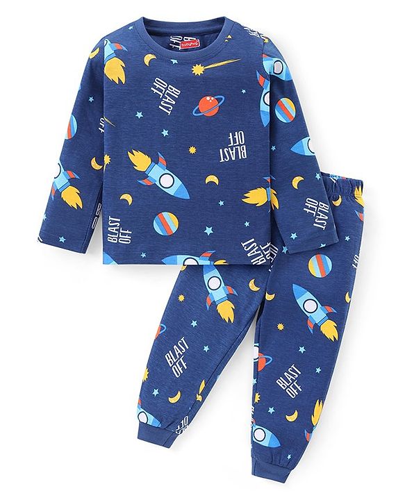 Babyhug Cotton Knit Full Sleeves Night Suit With Space Theme Print - Navy