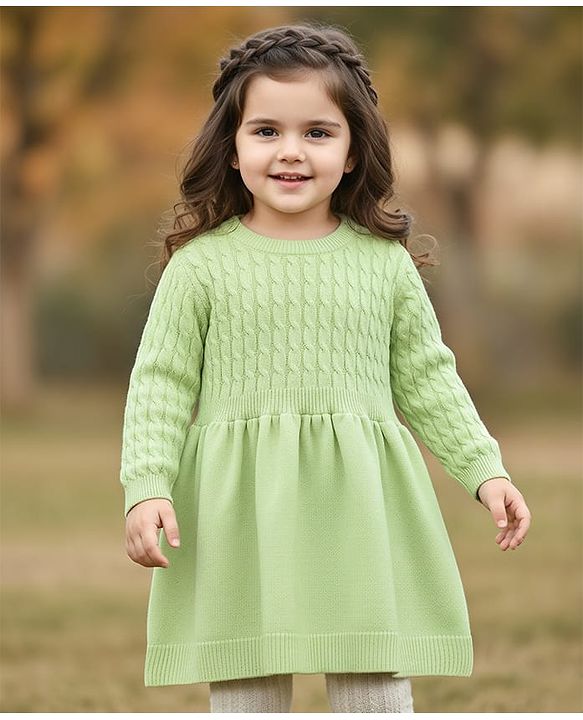 Babyhug Knit Full Sleeves Cable Knit Design A-Line Woollen Dress - Light Green