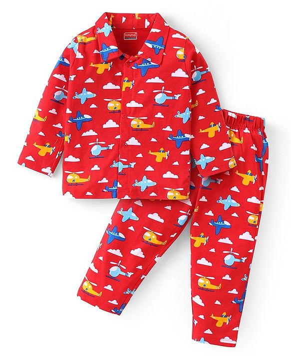 Babyhug Cotton Knit Full Sleeves Night Suit With Airplanes Print - Red
