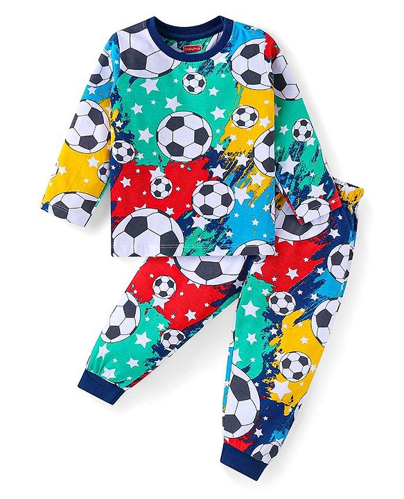 Babyhug Cotton Knit Full Sleeves Night Suit With Footballs Print - Navy