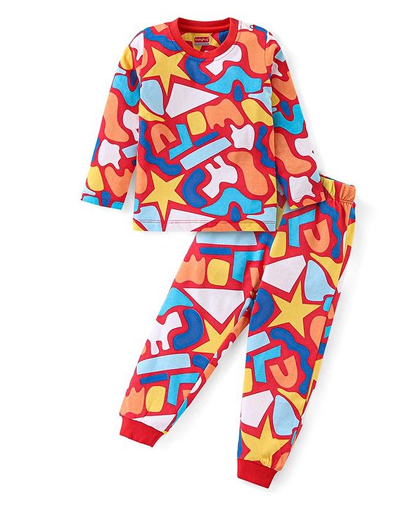 Babyhug Cotton Knit Full Sleeves Night Suit With Abstract Print - Red