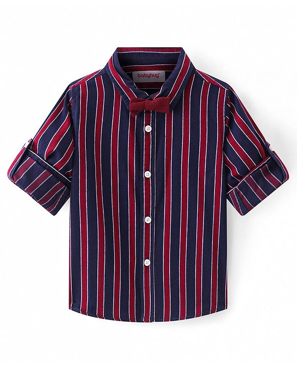 Babyhug Cotton Woven Full Sleeves Shirt with Stripes & Bow Applique - Red & Navy Blue