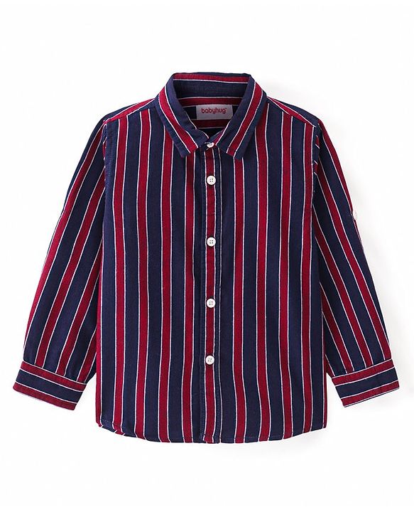 Babyhug Cotton Woven Full Sleeves Shirt with Stripes & Bow Applique - Red & Navy Blue