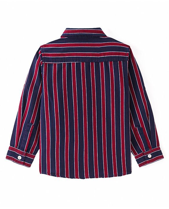Babyhug Cotton Woven Full Sleeves Shirt with Stripes & Bow Applique - Red & Navy Blue