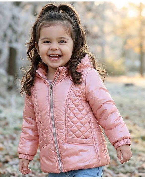 Babyhug Woven Full Sleeves Padded Hooded Jacket with Quilted Design & Solid Colour - Pink
