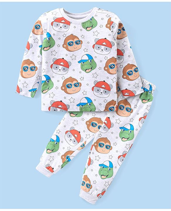Babyhug Cotton Knit Full Sleeves Night Suit with Monkey & Bear Print - White