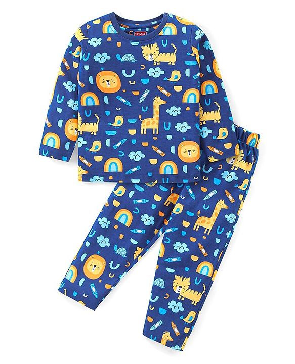 Babyhug Cotton Knit Full Sleeves Night Suit with Animal Print -  Blue
