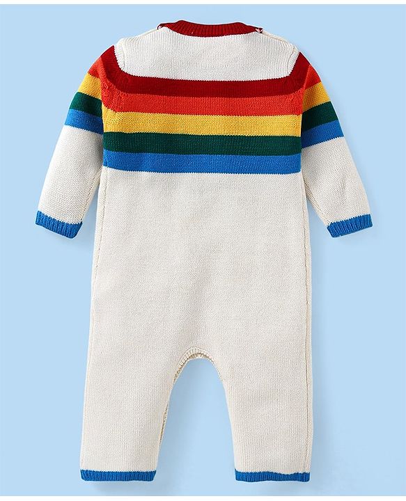 Babyhug Disney Knit Full Sleeves Winter Wear Striped Romper with Mickey Mouse Graphics -White