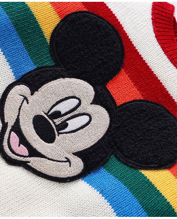 Babyhug Disney Knit Full Sleeves Winter Wear Striped Romper with Mickey Mouse Graphics -White