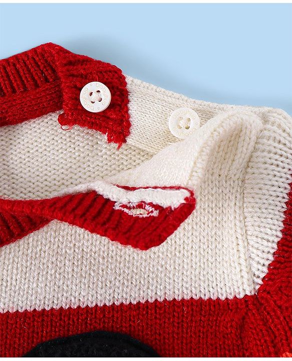Babyhug Disney Knit Full Sleeves Winter Wear Striped Romper with Mickey Mouse Graphics -White