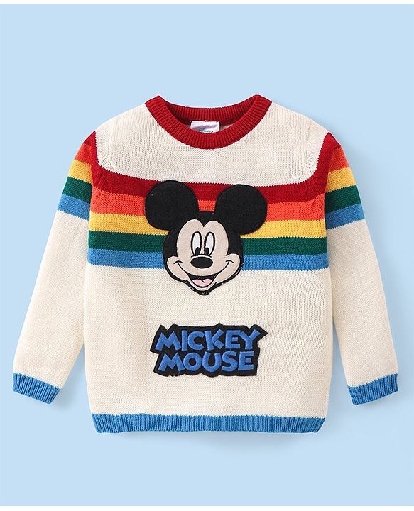 Babyhug Disney Knitted Full Sleeves Pullover Sweater with Stripes & Mickey Mouse Graphics - White