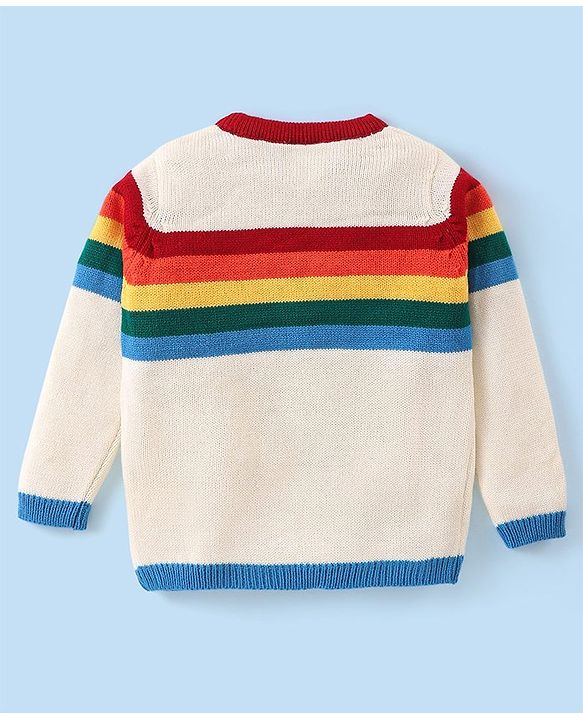 Babyhug Disney Knitted Full Sleeves Pullover Sweater with Stripes & Mickey Mouse Graphics - White