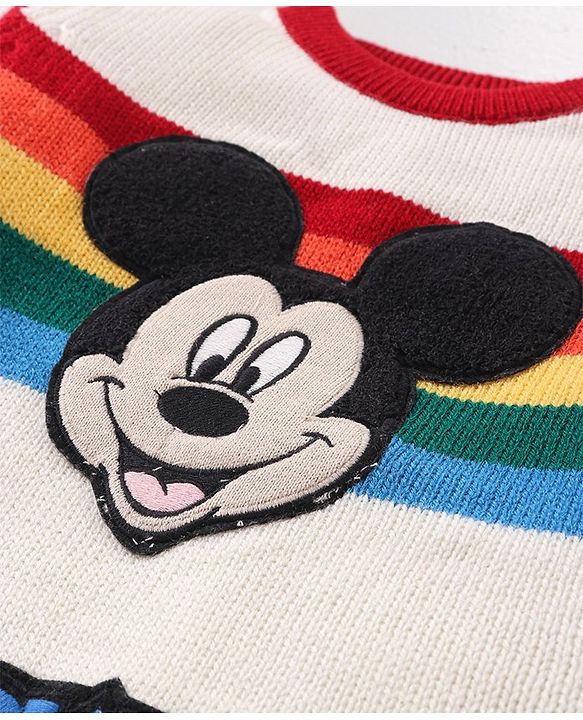 Babyhug Disney Knitted Full Sleeves Pullover Sweater with Stripes & Mickey Mouse Graphics - White