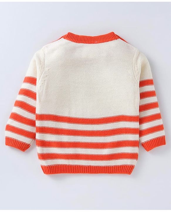 Babyhug Disney Knitted Full Sleeves Striped Design Pullover Sweater with Winnie The Pooh Patch - White & Orange