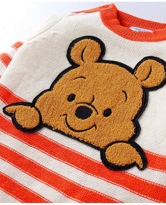 Babyhug Disney Knitted Full Sleeves Striped Design Pullover Sweater with Winnie The Pooh Patch - White & Orange