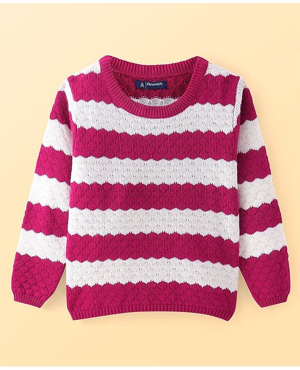 Pine Kids Knitted Full Sleeves Textured Pullover Sweater - White & Fuchsia