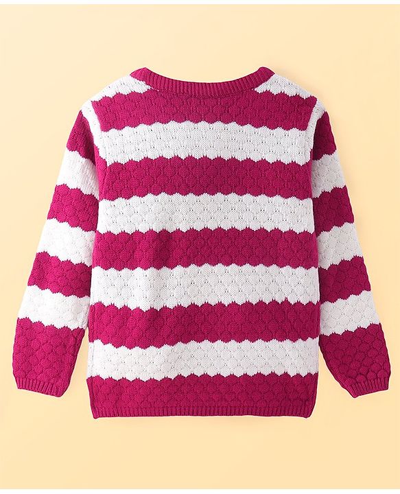 Pine Kids Knitted Full Sleeves Textured Pullover Sweater - White & Fuchsia