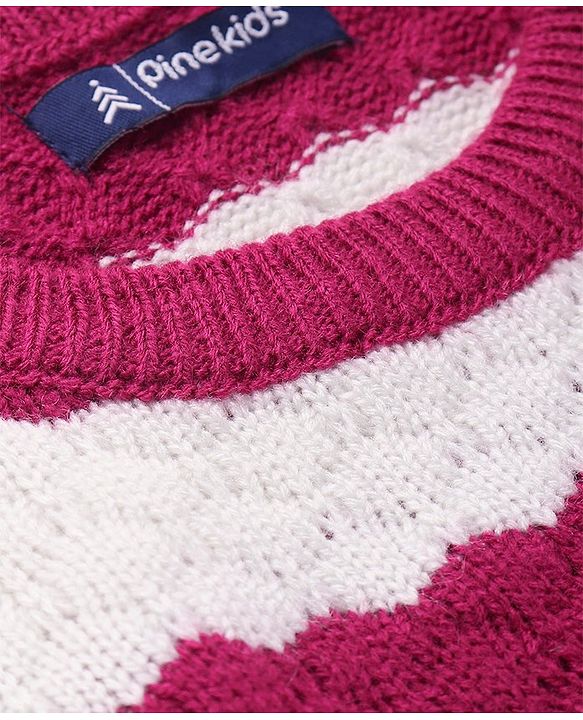 Pine Kids Knitted Full Sleeves Textured Pullover Sweater - White & Fuchsia