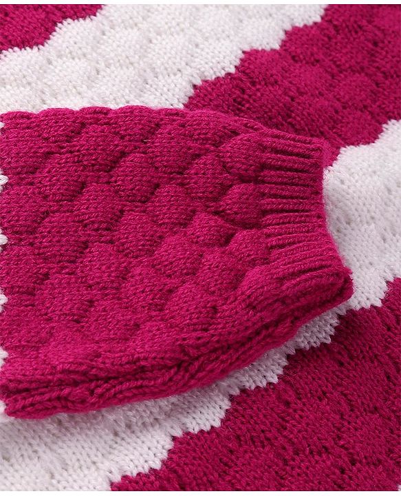 Pine Kids Knitted Full Sleeves Textured Pullover Sweater - White & Fuchsia