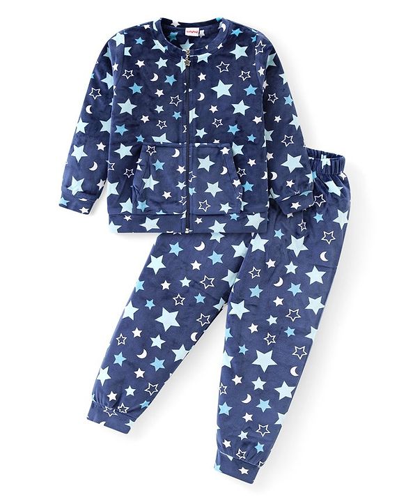 Babyhug Velour Woven Full Sleeves Front Zipper Winter Wear Co-Ord Set With Stars Print - Navy