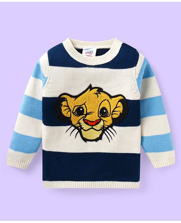 Babyhug Disney Knitted Full Sleeves Pullover Sweater with Stripes Design & Lion King Embroidery - White & Blue