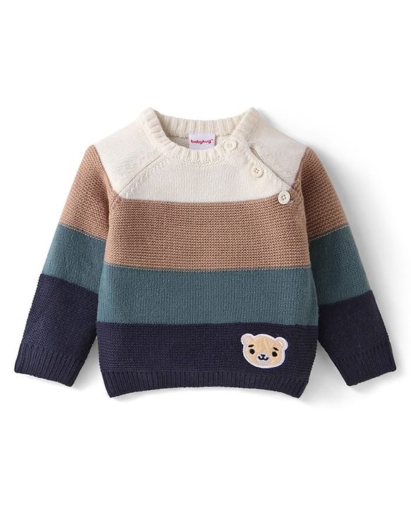 Babyhug Knitted Full Raglan Sleeves Sweater with Bear Patch Detailing - Blue Brown & White