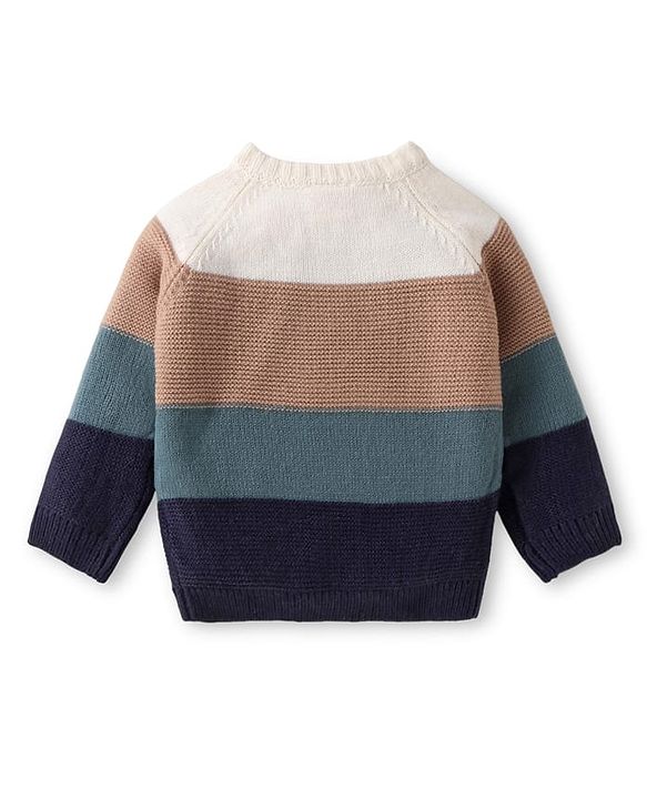 Babyhug Knitted Full Raglan Sleeves Sweater with Bear Patch Detailing - Blue Brown & White
