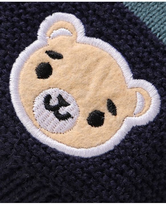 Babyhug Knitted Full Raglan Sleeves Sweater with Bear Patch Detailing - Blue Brown & White
