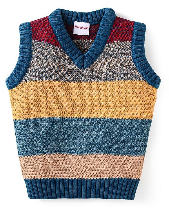 Babyhug Knitted  Sleeveless Striped Pullover Sweater Design - Dark Green Tan & Red