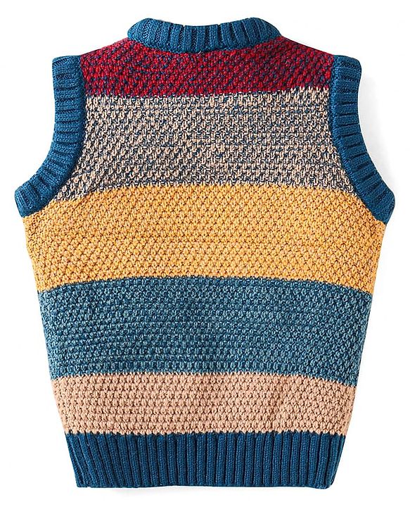 Babyhug Knitted  Sleeveless Striped Pullover Sweater Design - Dark Green Tan & Red