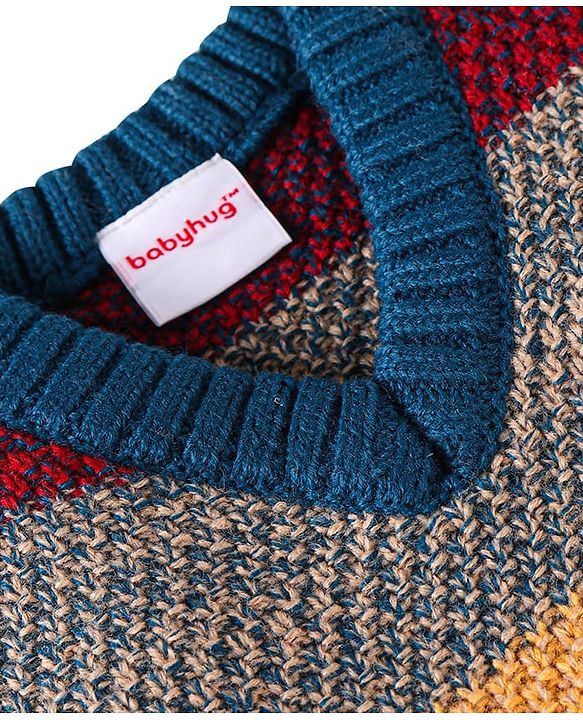 Babyhug Knitted  Sleeveless Striped Pullover Sweater Design - Dark Green Tan & Red